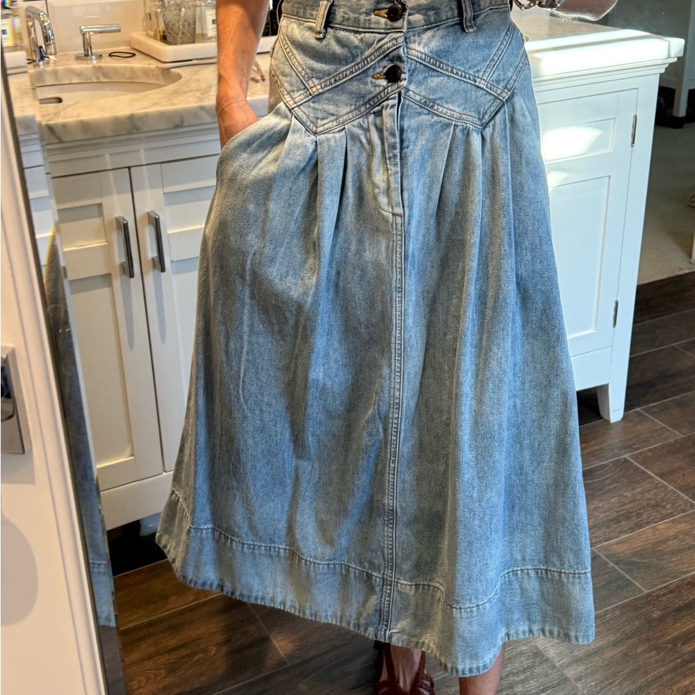 THE GREAT. Light Blue A-Line Denim Skirt